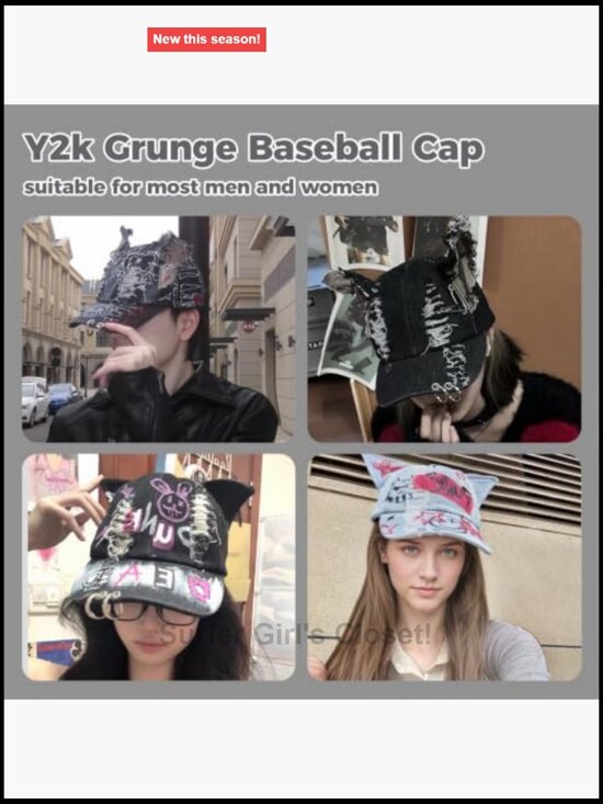 Y2K Cat Ear Denim Baseball Cap Punk Grunge Emo Women Men Distressed Graphic main image 6